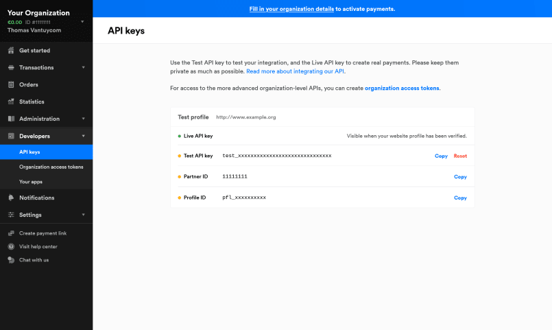 A dashboard with a set of API keys