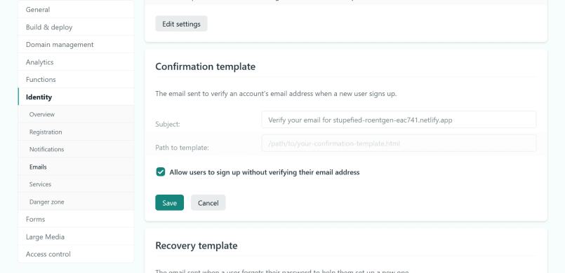 The auto-confirm setting in the Netlify dashboard