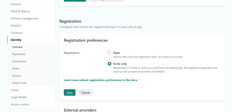 The registration preferences in the Netlify dashboard