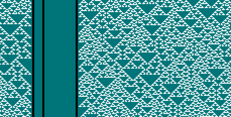A coloured grid showing triangles of different sizes without any apparent repetition, and a patch of solid green.