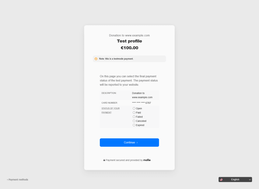 A checkout screen that allows choosing the status of the payment