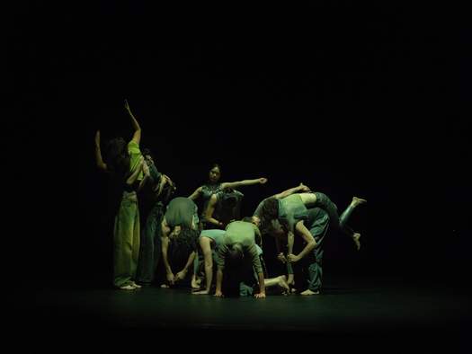 A large group of performers stands tightly clustered, some leaning on or supporting one another, with several appearing to carry others. Most face downward, with multiple arms and legs extending outward in overlapping positions.
