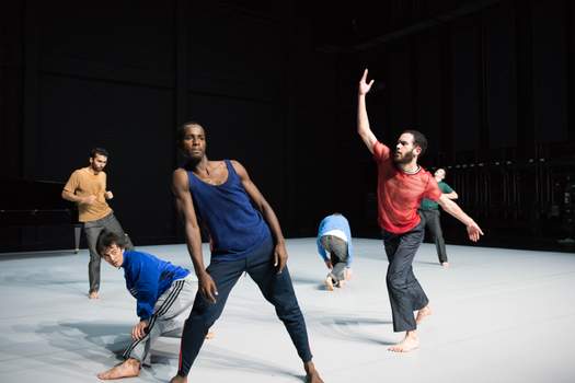 A group of dancers in different-colored costumes adopt varied postures.