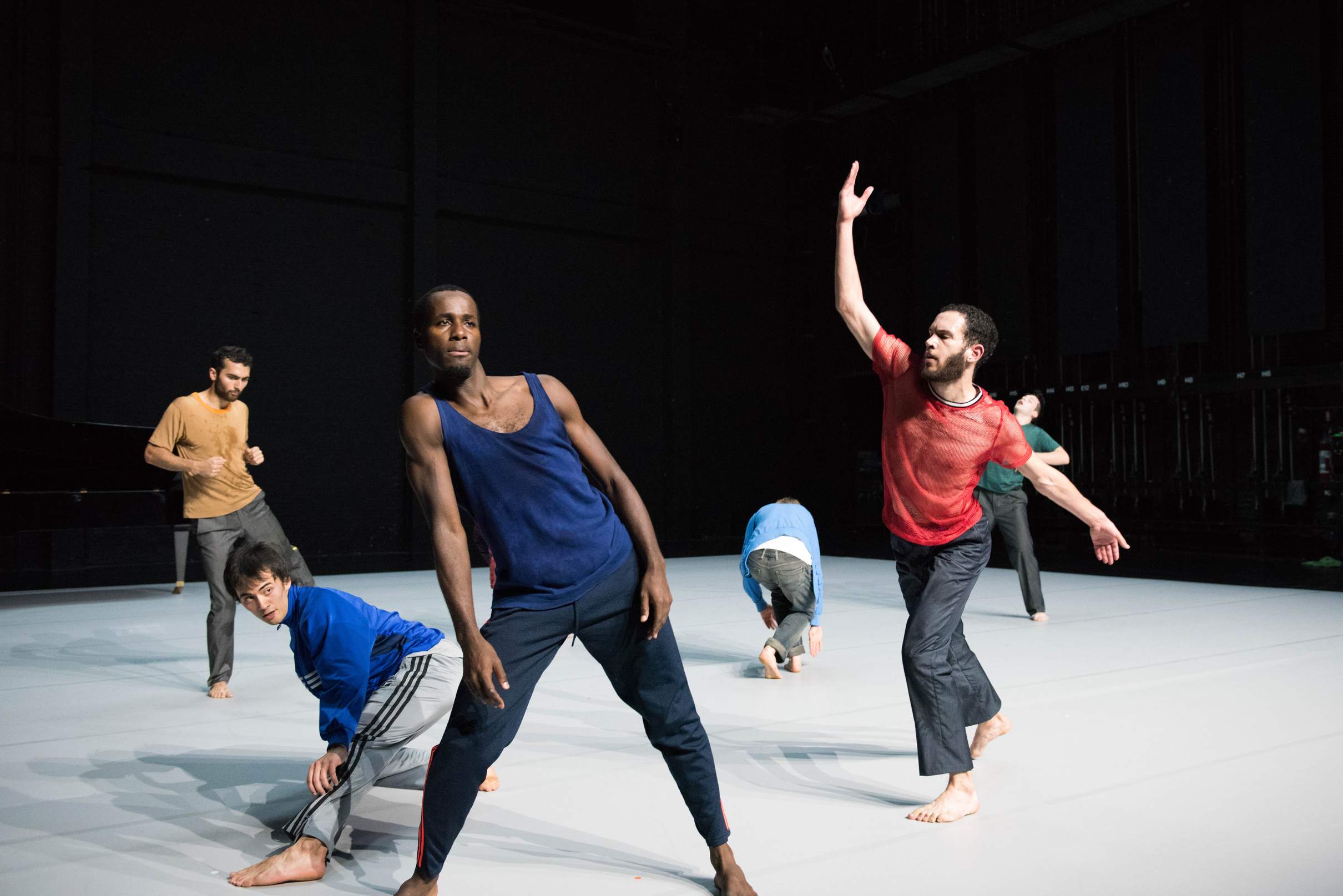A group of dancers in different-colored costumes adopt varied postures.